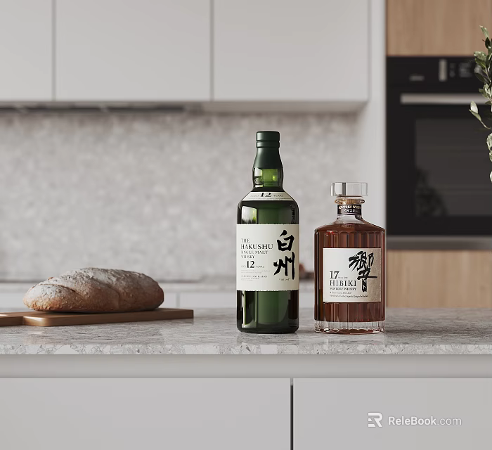 Wine Bottles On Kitchen Countertop With Bread 3d model 