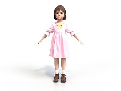 Child in Pink Dress with Yellow Bow White Socks and Brown Shoes 3d model