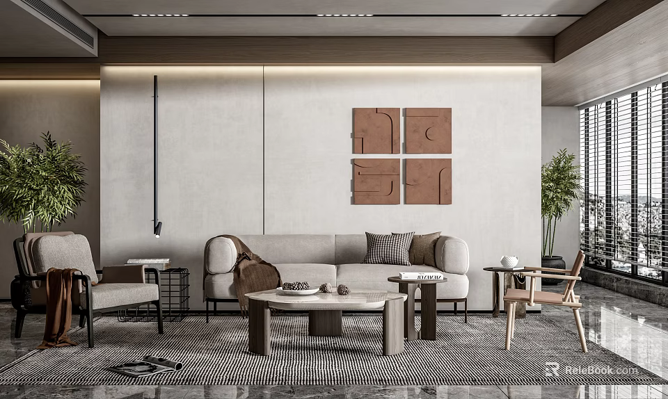 Modern Beige Sofa Coffee Table Set With Wooden Table Decorative Paintings And Living Room Plants 3d model 