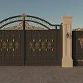 Ornate Wrought Iron Entrance Gate With Gold Accents Stone Pillars Green Trees And Blue Sky