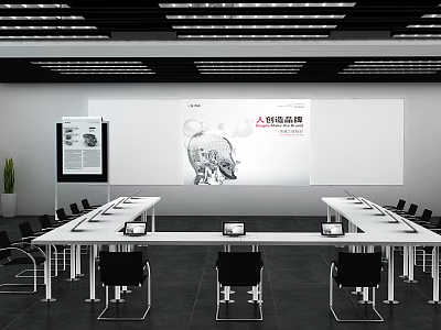 Modern Conference Room Interior Setup with Long Tables Chairs Projection Screen and Display Board 3d model
