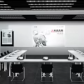 Modern Conference Room Interior Setup with Long Tables Chairs Projection Screen and Display Board