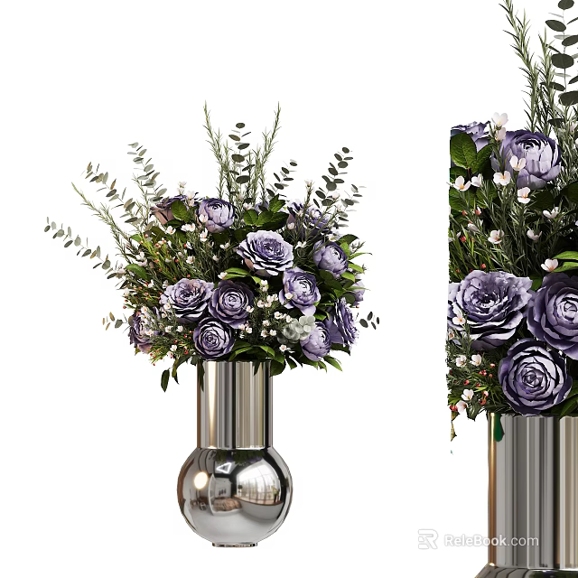 Stylish Flower Arrangement In Silver Vase With Purple Roses And Green Leaves 3d model 
