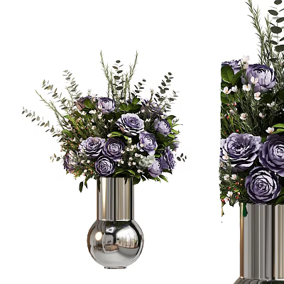 Stylish Flower Arrangement In Silver Vase With Purple Roses And Green Leaves 3d model