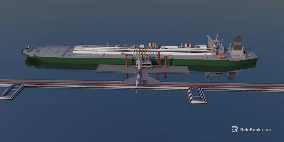 Large Cargo Ship Docked At Terminal With Loading Facilities On Water Surface 3d model