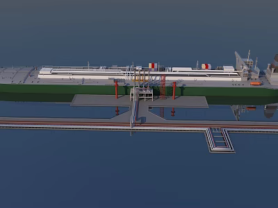 Large Cargo Ship Docked At Terminal With Loading Facilities On Water Surface 3d model