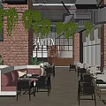 EARTEN Restaurant with Brick Walls Hanging Green Plants Red Sofas Black Tables and Large Windows 3d model