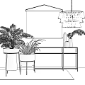 Modern Console Table With Metal Frame Potted Plants Wall Art And Hanging Lamp