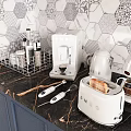 Modern Kitchen With SMEG Coffee Maker Toaster Metal Storage On Marble Countertop And Hexagon Tile
