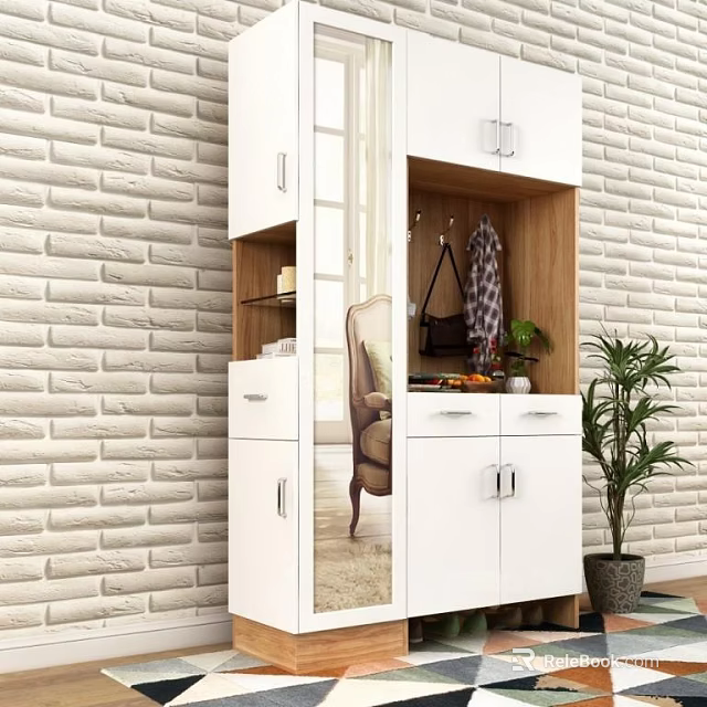 Modern Stylish White Shoe Cabinet With Mirror Hooks Drawers And Storage Space Design 3d model 