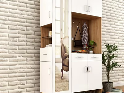 Modern Stylish White Shoe Cabinet With Mirror Hooks Drawers And Storage Space Design 3d model