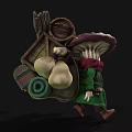 Game Character Pushing Cart With Red Spotted Mushroom Hat Green Coat And Lantern