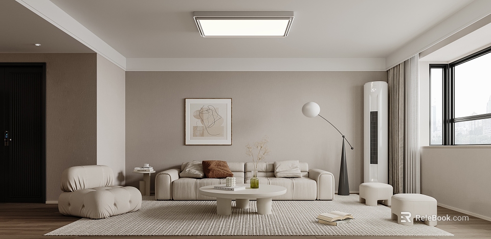 Warm Modern Living Room Interior Design With Beige Sofa Round Coffee Table And Decorative Painting 3d model 