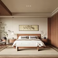 Minimalist Wooden Bedroom Interior With Natural Plants Decorative Painting Cozy Rug And Warm Lighting