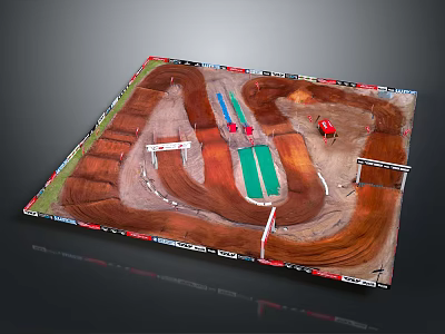 Detailed Off-Road Dirt Track Model With Curved Paths Green Sections And Red Vehicles 3d model