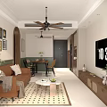 Cozy Dining and Living Room Interior With Archway Wooden Door Woven Chairs And Ceiling Fan
