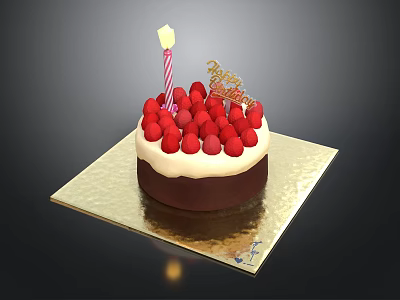 Fresh Strawberry Topped Birthday Cake With Lit Candle And Happy Birthday Topper 3d model
