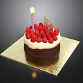 Fresh Strawberry Topped Birthday Cake With Lit Candle And Happy Birthday Topper
