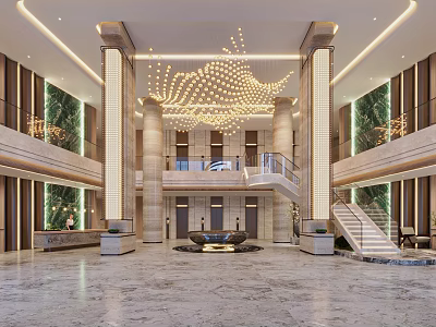 Luxurious Hotel Lobby Interior With Grand Chandelier Marble Flooring Pillars And Staircase 3d model
