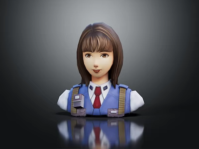 3D Female Character Model With Brown Hair Blue Uniform Red Tie And Gray Shoulder Straps 3d model