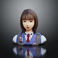 3D Female Character Model With Brown Hair Blue Uniform Red Tie And Gray Shoulder Straps