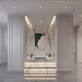 Modern Bathroom Interior With Double Mirrors Marble Countertop White Cabinets And Laundry Appliances