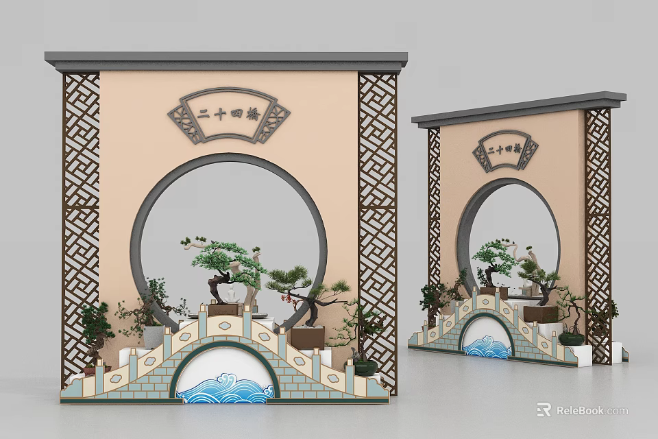 Traditional Screens With Circular Cutout Lattice Twenty Four Solar Terms Rockery Plants Bridge 3d model 