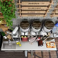 Stainless Steel Functional Table With Wooden Shelves Green Plant Baking Rack Coffee Machines And Drawers