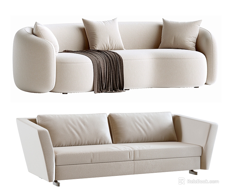 Modern Light Beige Sofa Set with Cushions Throw Blanket Curved Design and Two Seater Sofa 3d model 