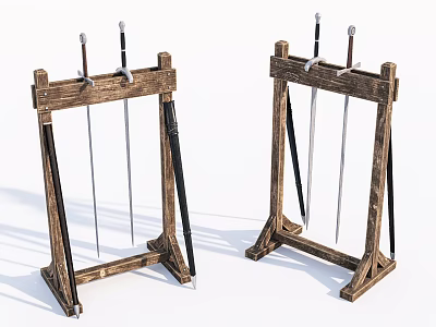 Wooden Sword Racks With Multiple Swords Placed On Display Stand 3d model