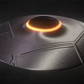 Circular UFO Flying Saucer With Orange Glowing Lights And Metallic Surface Design