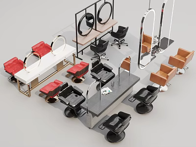 Modern Hair Salon Interior With Red Black Brown Chairs And Round Mirrors 3d model