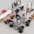 Modern Hair Salon Interior With Red Black Brown Chairs And Round Mirrors