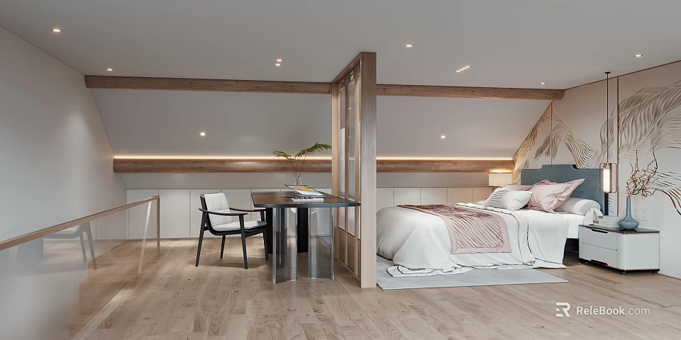Modern Bedroom Interior Design With Bed Desk Chair Wooden Flooring And Warm Lighting 3d model 