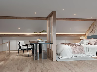 Modern Bedroom Interior Design With Bed Desk Chair Wooden Flooring And Warm Lighting 3d model