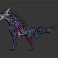 Fantasy Creature With Purple Blue Feathers White Purple Body Horned Sharp Teeth Standing Pose
