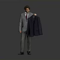 Man In Gray Suit With Red Tie Holding Dark Blue Suit Jacket Against Gray Background