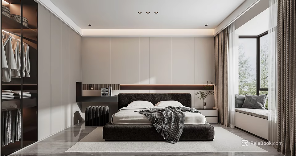 Modern Bedroom Interior Design With Platform Bed Nightstand Wardrobe And Curtains 3d model