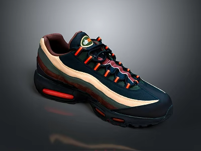 Dark Blue Brown Beige Retro Sports Sneakers With Red Air Cushion Sole And Orange Laces 3d model