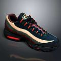 Dark Blue Brown Beige Retro Sports Sneakers With Red Air Cushion Sole And Orange Laces
