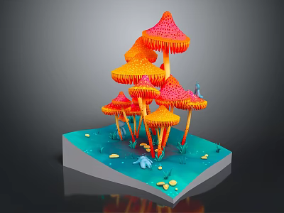 Colorful Vegetable Arrangement Featuring Mushroom Cluster on Blue Platform with Small Creatures and Coins 3d model