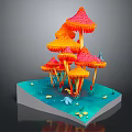 Colorful Vegetable Arrangement Featuring Mushroom Cluster on Blue Platform with Small Creatures and Coins