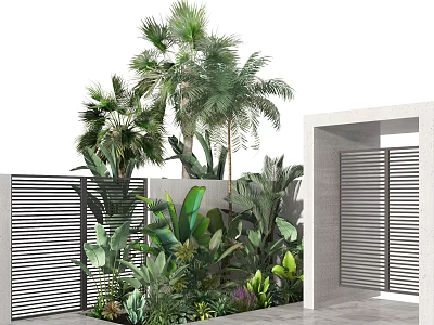 Lush Tropical Plants And Greenery In Garden Area With White Walls And Slatted Gates 3d model