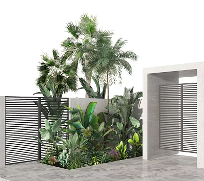 Lush Tropical Plants And Greenery In Garden Area With White Walls And Slatted Gates 3d model