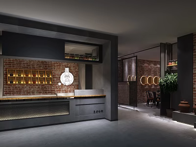 Industrial Style Shop Front Desk With Brick Wall Lighting And Green Plant Decor 3d model