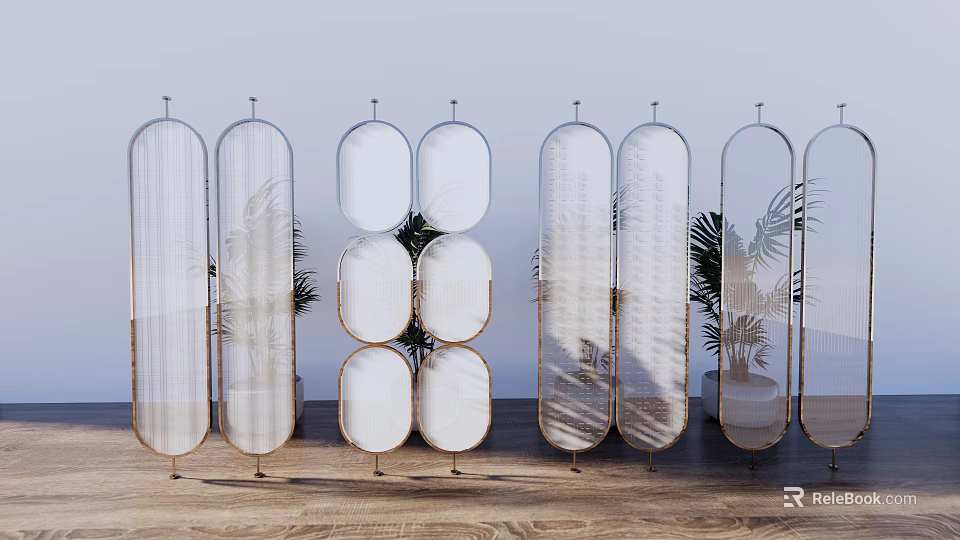 Modern Room Dividers With Metal Frame Mesh Design And Potted Plants 3d model 