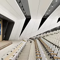 Modern Conference Room Interior Design With Tiered White Seats Lectern And Large Screen