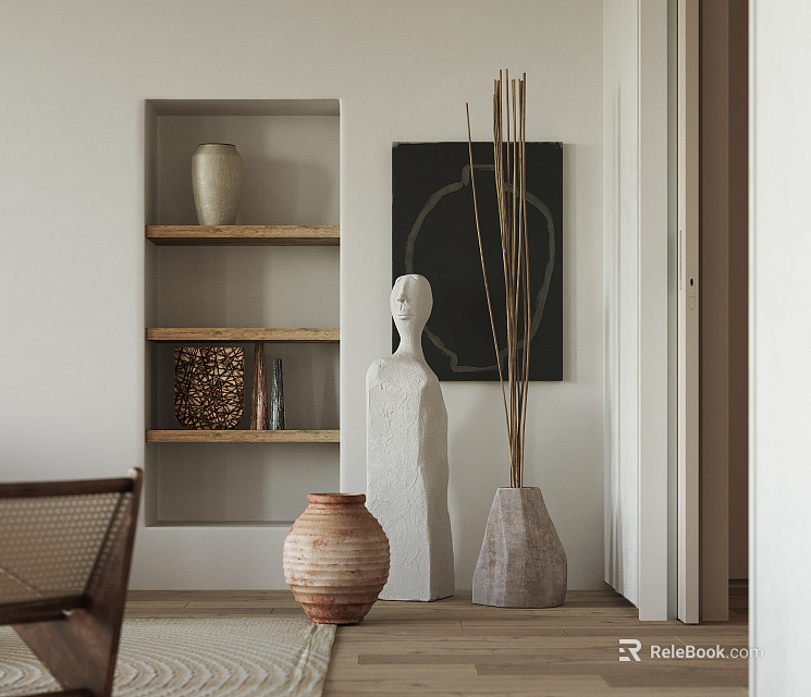 Minimalist Decorative Cabinet With Wooden Shelves Vases Sculpture And Wall Art 3d model 