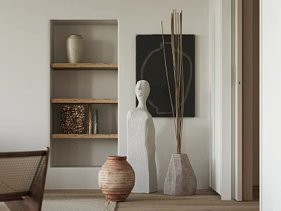 Minimalist Decorative Cabinet With Wooden Shelves Vases Sculpture And Wall Art 3d model