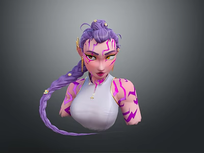 3D Fantasy Female Character With Purple Braided Hair White Top And Lightning Patterns 3d model